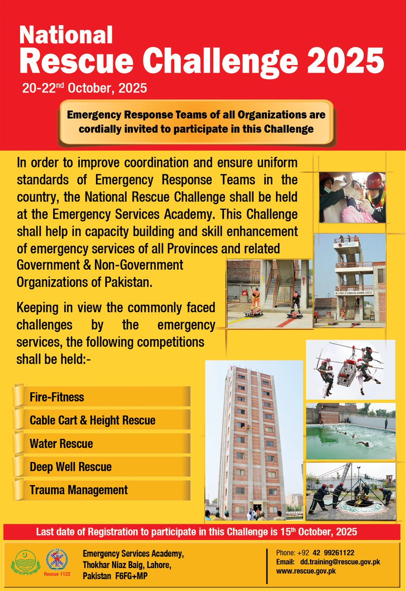 Deeba Shahnaz (@shahnazdeeba) on Twitter photo National Rescue Challenge shall be organised at Emergency Services Academy Lahore Pakistan from 20-22 October, 2025
<a href="/GovtofPunjabPK/">Government of Punjab</a> <a href="/ndmapk/">NDMA PAKISTAN</a> <a href="/KPRescue1122/">KP_Rescue1122</a> <a href="/SindhRescue1122/">Sindh Emergency Service Rescue 1122</a> <a href="/PdmapunjabO/">PDMA Punjab Official</a> <a href="/PDMABalochistan/">PDMA Balochistan</a> <a href="/AjkAzadkashmir/">Azadkashmir</a> @SDMAKashmir <a href="/PakPMO/">Prime Minister's Office</a> National Rescue Challenge shall be organised at Emergency Services Academy Lahore Pakistan from 20-22 October, 2025
<a href="/GovtofPunjabPK/">Government of Punjab</a> <a href="/ndmapk/">NDMA PAKISTAN</a> <a href="/KPRescue1122/">KP_Rescue1122</a> <a href="/SindhRescue1122/">Sindh Emergency Service Rescue 1122</a> <a href="/PdmapunjabO/">PDMA Punjab Official</a> <a href="/PDMABalochistan/">PDMA Balochistan</a> <a href="/AjkAzadkashmir/">Azadkashmir</a> @SDMAKashmir <a href="/PakPMO/">Prime Minister's Office</a>
