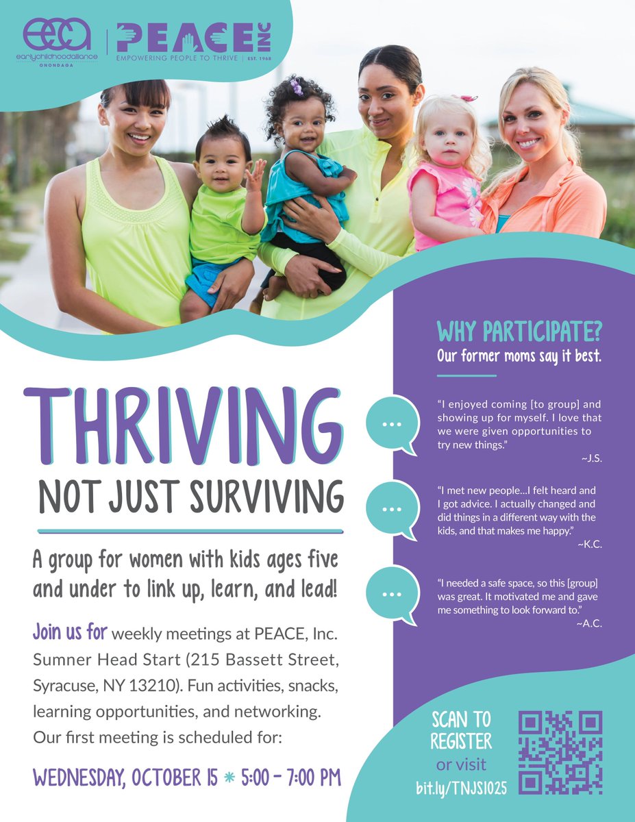 Moms with kids 5 &amp; under—join us for fun, support &amp; connection! 💜

📍 PEACE, Inc. Sumner Head Start
📅 Wed, Oct 15 | ⏰ 5–7 PM
🎉 Activities, snacks &amp; networking!

🔗 Register: bit.ly/TNJS1025 

#PEACEIncSyr #EarlyHeadStart