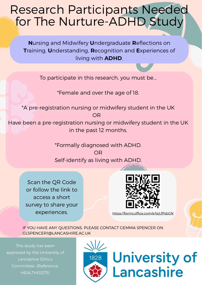 Research participant needed. If you are a female student nurse or midwife living with ADHD please click here to complete a short survey. 
forms.office.com/e/tsjLfPsbGN 
#studentnurse #studentmidwife #ADHD