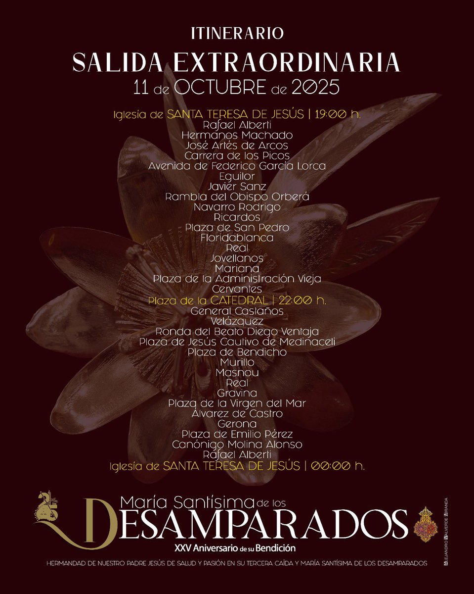 #XXVAñosDesamparados | Este es el recorrido de la #ExtraordinariaDesamparados del día 11 de octubre.

⛪️ Salida: 19h
✝️ Catedral: 22h
➡️Entrada: 00h

La Virgen transitará por calles inéditas por la Hermandad hasta la fecha.

📝 Próximamente informaremos de los puntos de interés.