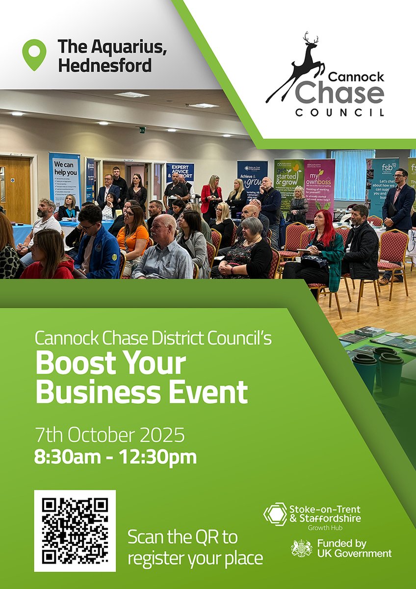 CannockChaseDC's tweet image. 🚀 Boost Your Business Event

📅 7 Oct 2025 | ⏰ 8:30am–12:30pm
📍 The Aquarius, Hednesford

Discover UKSPF support before March 2026. Meet FSB, Growth Hub, SBEN, Amricc, Innovate UK &amp;amp; more!

👉 Book free: orlo.uk/VWpYs

#BoostYourBusiness