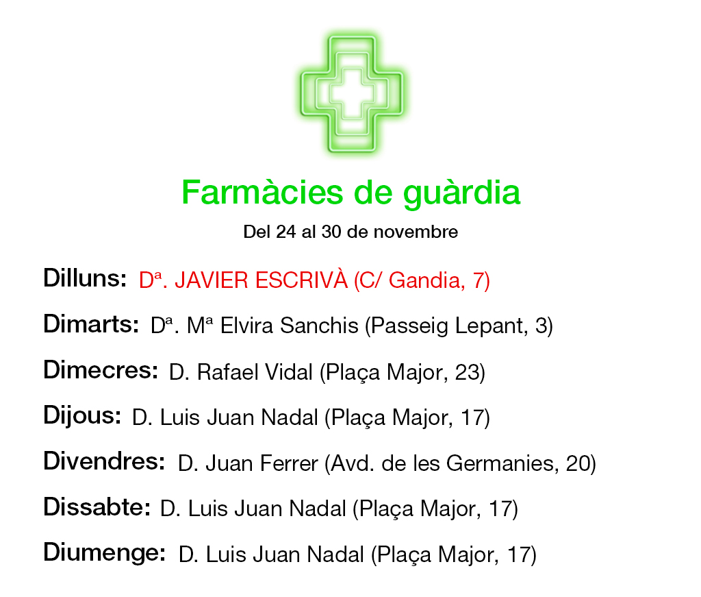 GUÀRDIES PER A LA SETMANA DEL 24 AL 30 DE NOVEMBRE

Recordeu que podeu vore TOTES LES GUÀRDIES a la nostra WEB: farmaciaescriva.com/farmacias-guar…

#farmaciatavernes #guardiestavernes #farmaciadeguardia #farmaciaescriva #guardiesentavernes #farmaciadeguardiatavernes