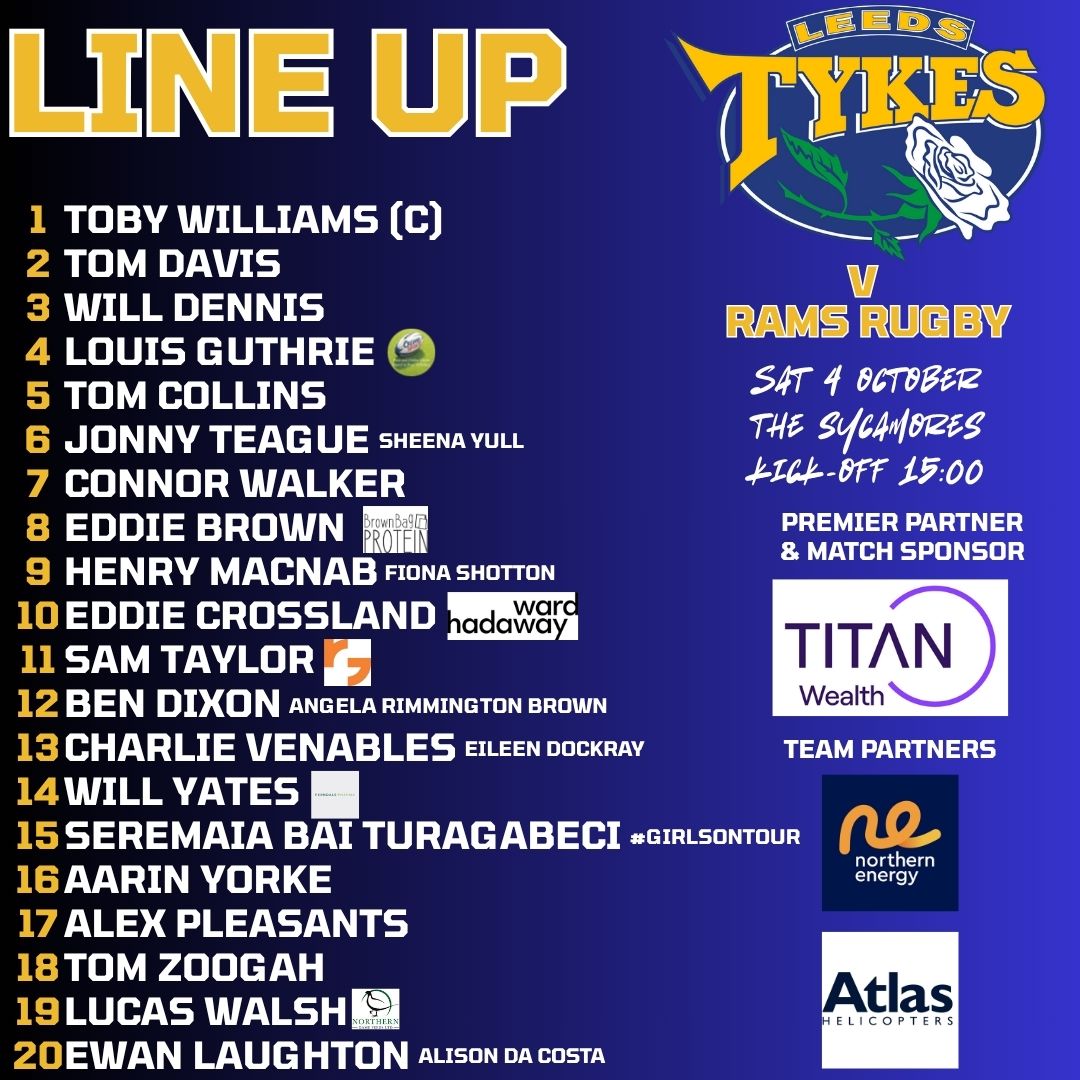 LeedsTykes's tweet photo. 📝 Tomorrow’s Tykes team on a tile
🤝 The match is sponsored by Titan Wealth, our premier partners
🔗 Here's the information you need: 
https://t.co/6zC711ctY4 https://t.co/1ShQXwb1mm
