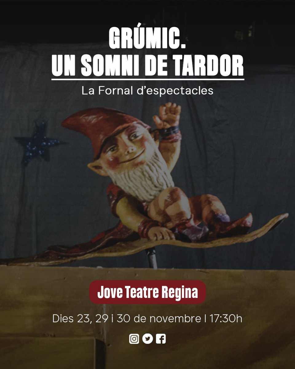 🎭 GRÚMIC. UN SOMNI DE TARDOR de La Fornal d’Espectacles

La tardor és temps de recolliment, de compartir i de deixar-se sorprendre. 🍂 Grúmic és l’espectacle perfecte per aquests dies: teatre que escalfa l’ànima.

📍 Jove Teatre Regina
📆 Dies 23, 29 i 30 de noviembre
🕔17:30h