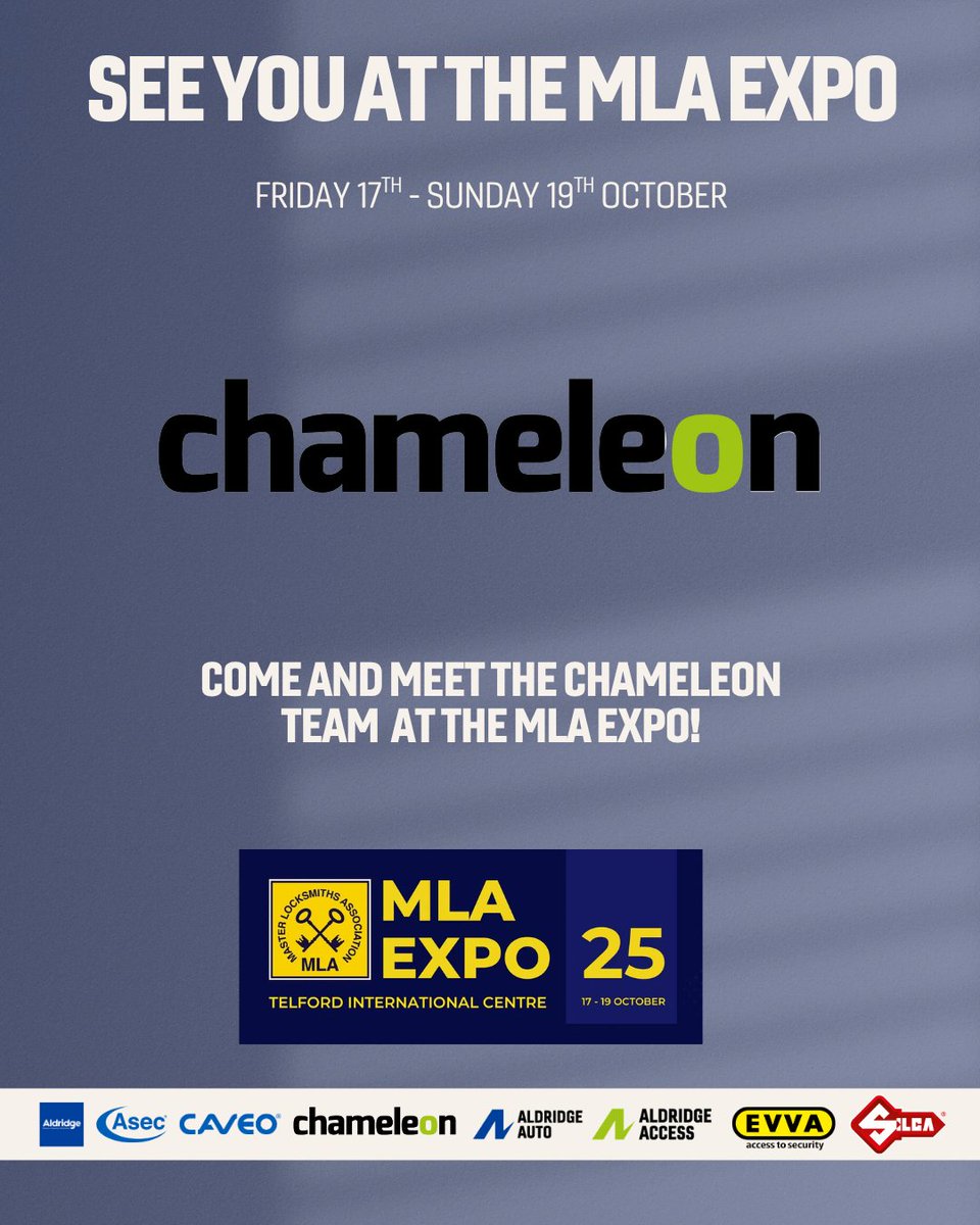 ChameleonAdapt's tweet image. 🔑 Join us at MLA Expo 2025, Europe’s largest locksmith event! 📍 Telford International Centre, 17–19 Oct. Meet our team &amp;amp; explore new products! 👉 Register FREE: locksmiths.yarringtonevents.co.uk/#register #MLAExpo2025 #TrustedByTheTrade #AldridgeSecurity