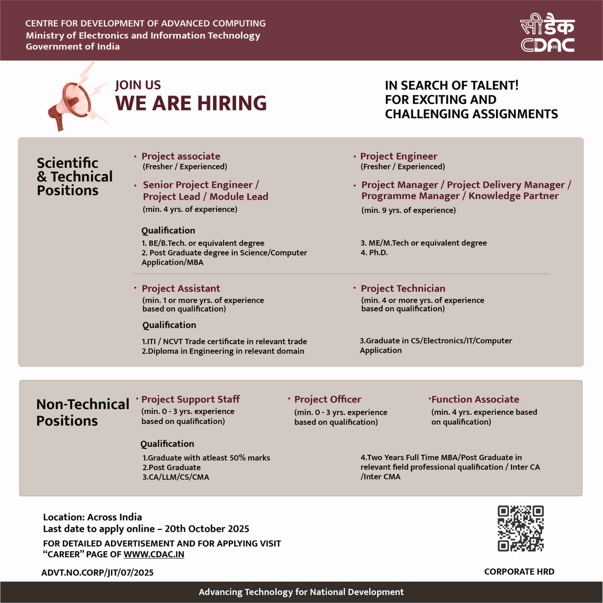 cdacindia's tweet photo. 🌟 Join the C-DAC Journey: Applications Open for Technical & Non-Technical Professionals! We are now inviting applications from aspiring changemakers to be part of our mission to innovate, build, and deploy cutting-edge solutions across sectors.

At @CDACINDIA, you’ll work at the intersection of emerging technologies, national initiatives, and real-world impact, contributing to solutions that shape India’s digital future.

If you’re passionate about technology, #innovation, and national progress, this is your opportunity to join a leading R&D organization and make a difference.

#CareersInTech #ICT #EmergingTechnologies #TechForIndia #AtmanirbharBharat