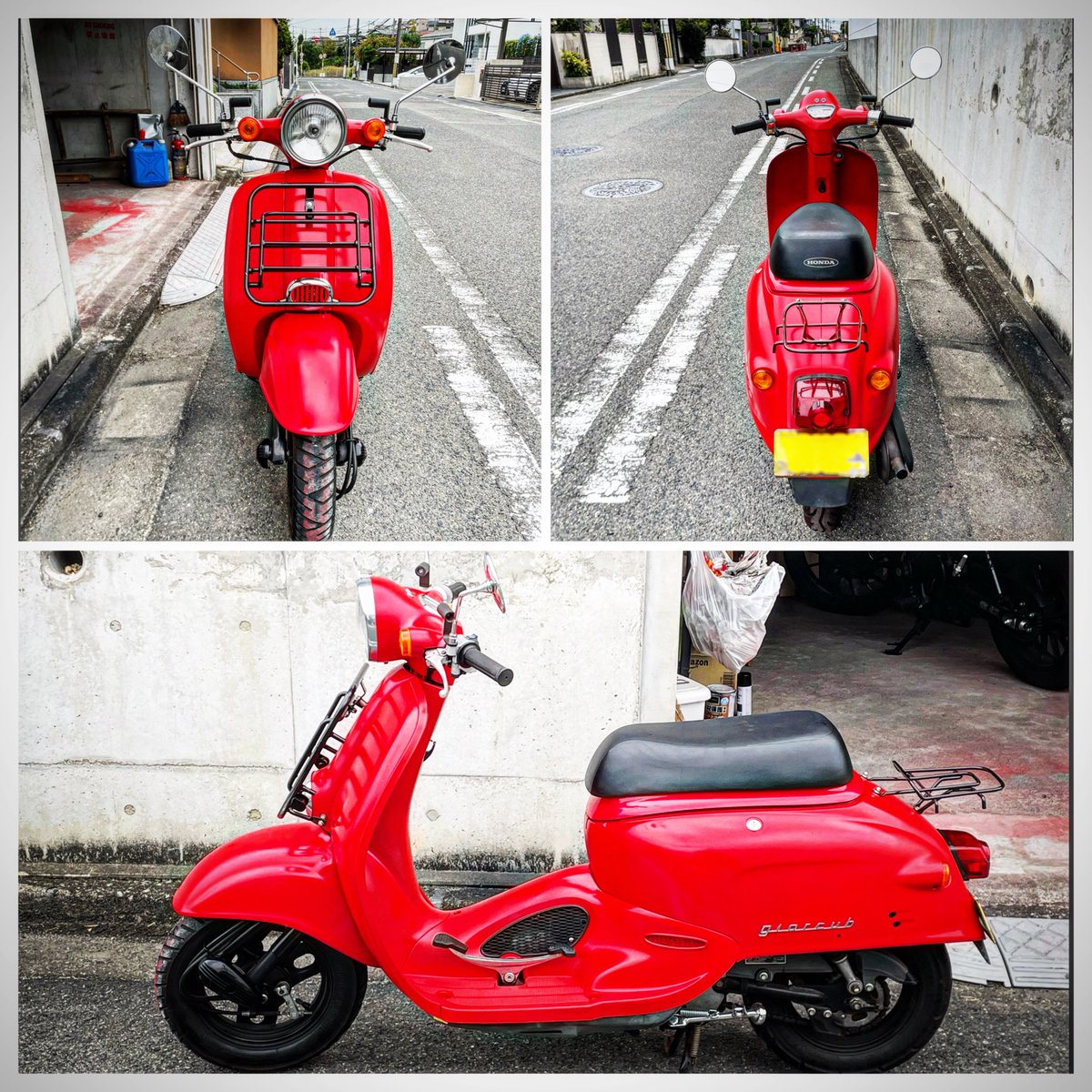 uzuramanZ's tweet photo. ▼ジョルカブボディ塗装、マスキングを外してキャリア前後を取り付けました。前キャリアも黒に塗装しました。早速乗ってどっか行きたかったのですが雨が降ってきて断念。
#giorcub #giorcub75 #af53 #scooter #cub #returnrider #honda https://t.co/7YUgAEpJj4
