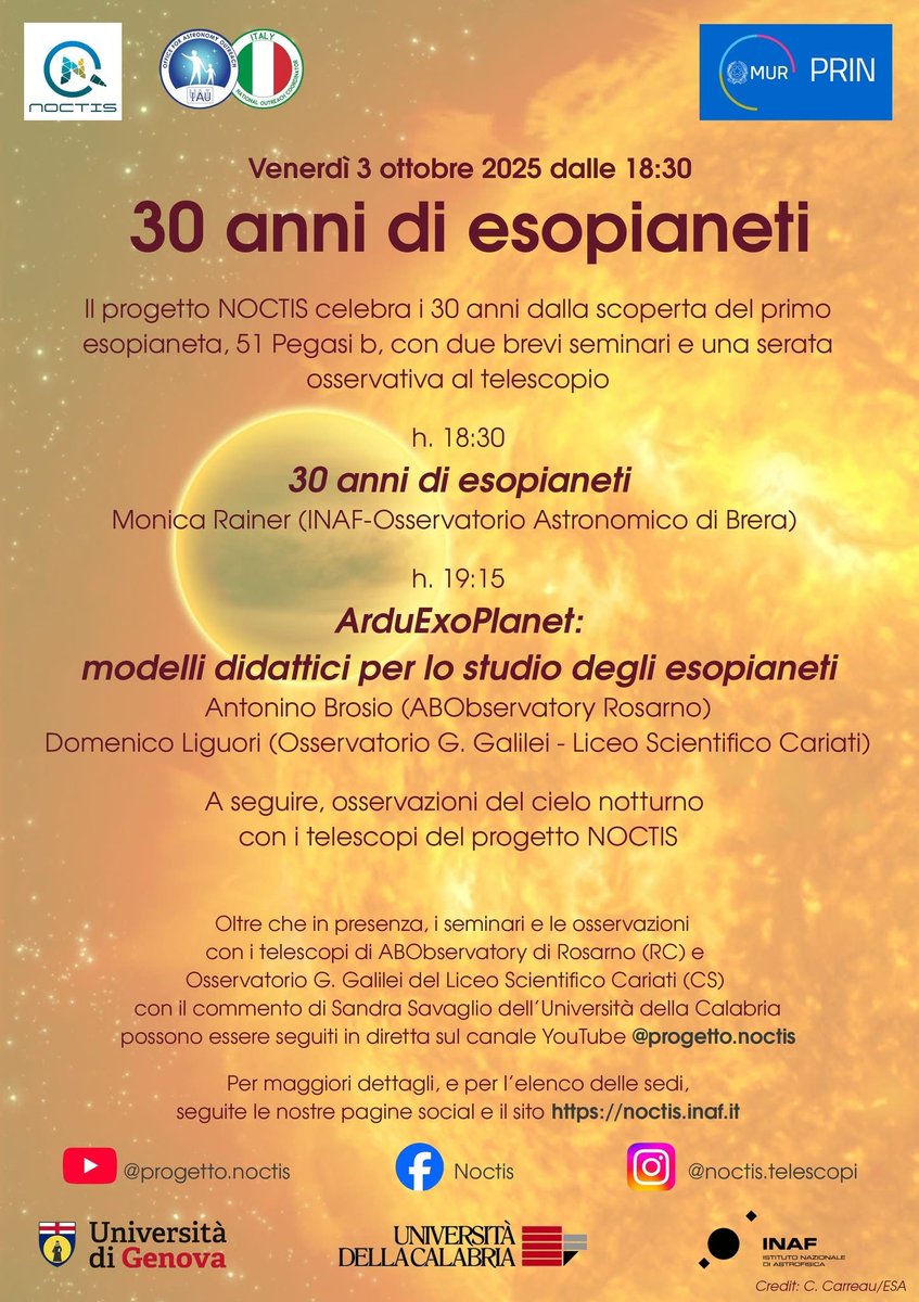 Oggi celebriamo i 30 anni dalla scoperta del primo esopianeti. Per il progetto NOCTIS questa sera organizza eventi pubblici, da seguire anche online, vi aspettiamo!