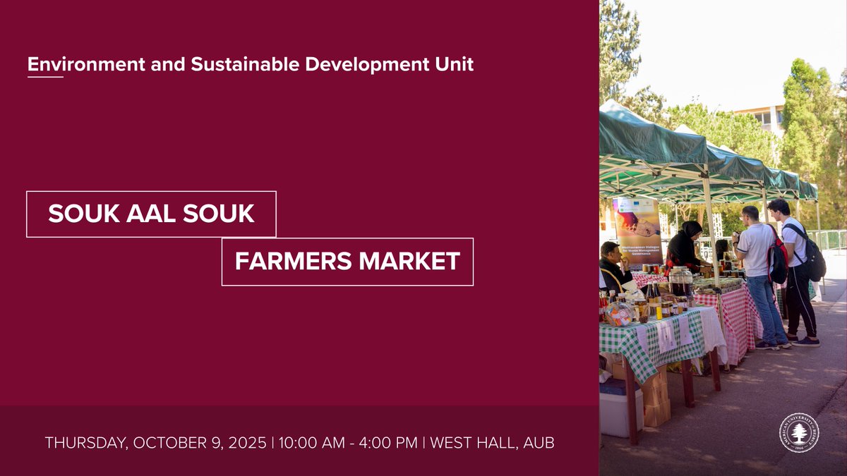 Join us at Souk Aal Souk Farmers Market this Thursday, October 9, 2025, from 10:00 AM to 4:00 PM at West Hall, AUB.

Support local farmers, discover unique products, and enjoy a vibrant community market experience! 

#AUB #AUBVibes