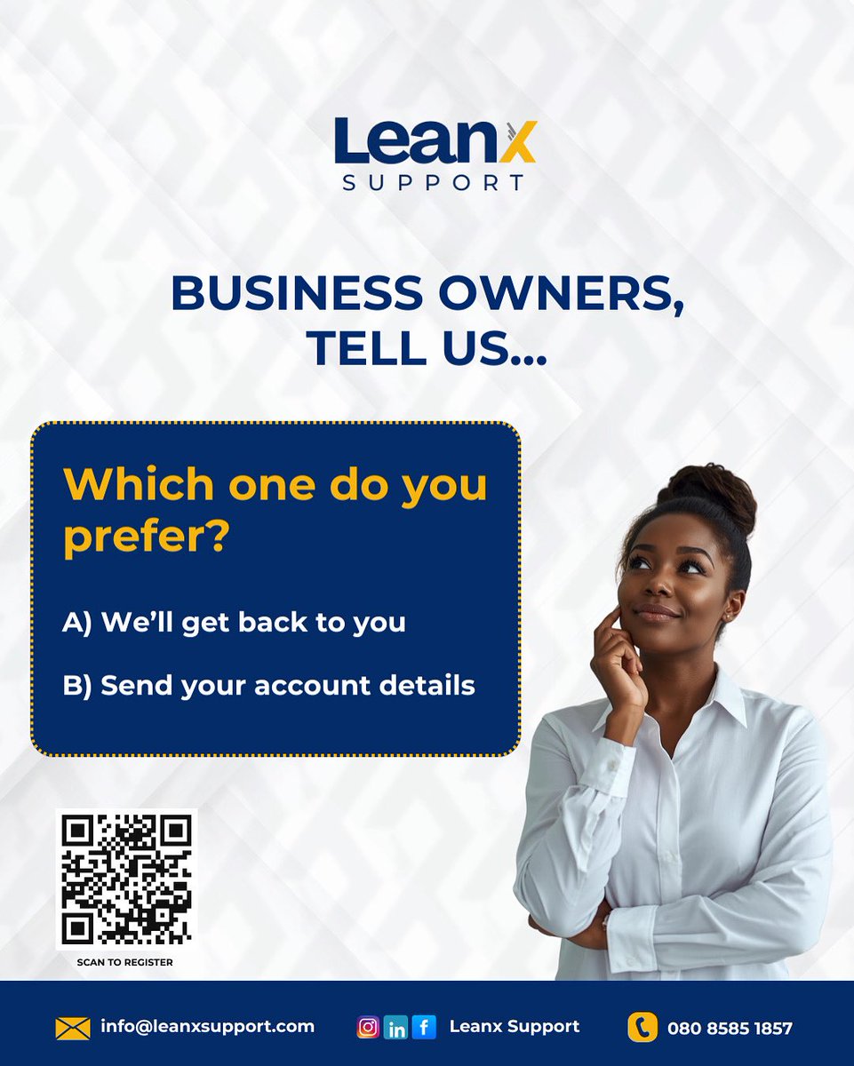 Leanx_Support's tweet photo. For every business owner, the words you hear at the end of a deal matter.
Visibility makes the difference between โWeโll get back to youโ and โSend your account details.โ
Register today: https://t.co/l7gwc3pRRt
#LeanxHub #LeanxSupport #BusinessVisibility #SMENigeria https://t.co/J9AhTaNNnT