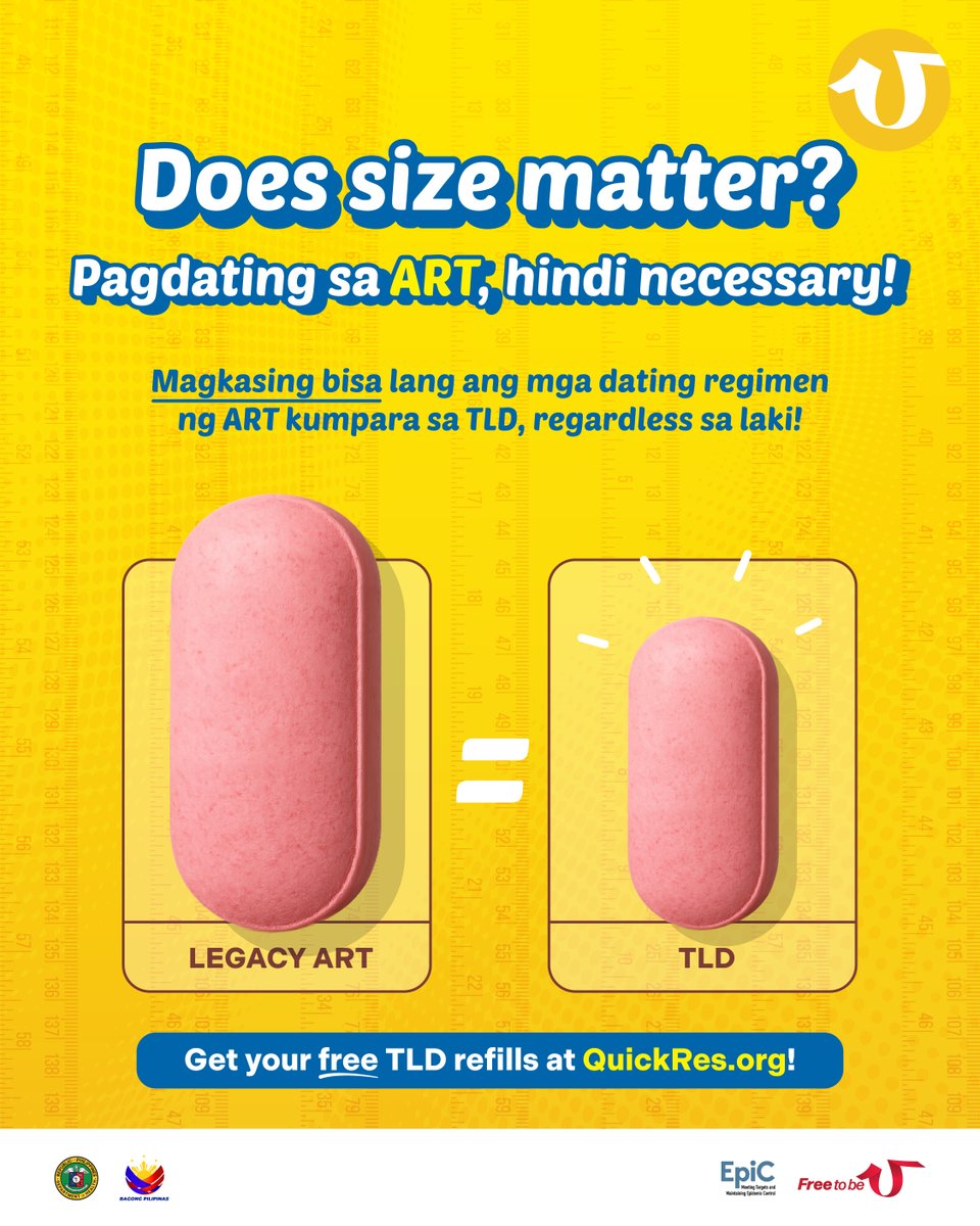 FreeToBeUPH's tweet photo. Daks man o juts, same lang ang laban. 💊

TLD may look smaller pero kasing bisa pa rin ng iyong legacy ART, mas konti pa ang side effects!

Switch to TLD thru https://t.co/z9emVu75zv now!
#FreeToBeU #UControlHIV #QuickRes https://t.co/c7dazjnWC9