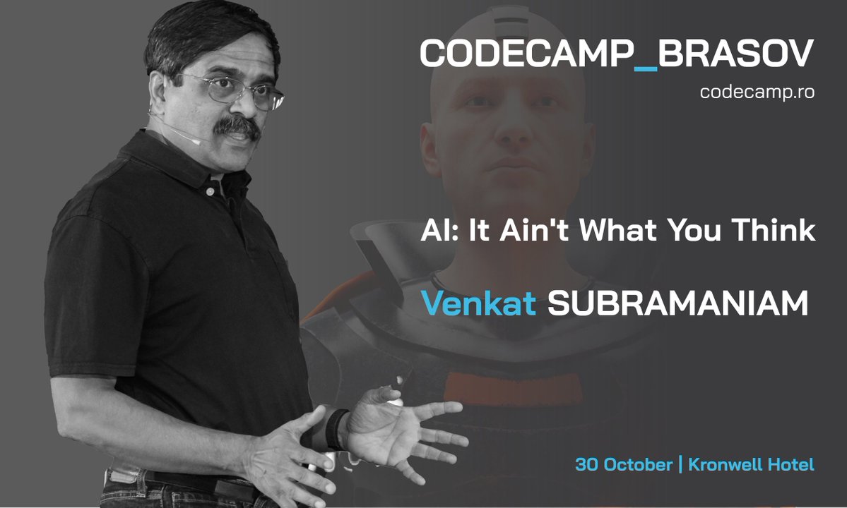 Codecampro's tweet image. Stop asking if you'll survive the AI revolution. Start asking how you'll lead it! Venkat Subramaniam challenges common fears and misconceptions about AI, showing you how to embrace innovation at Codecamp_Brasov: codecamp.ro/conferences/co….