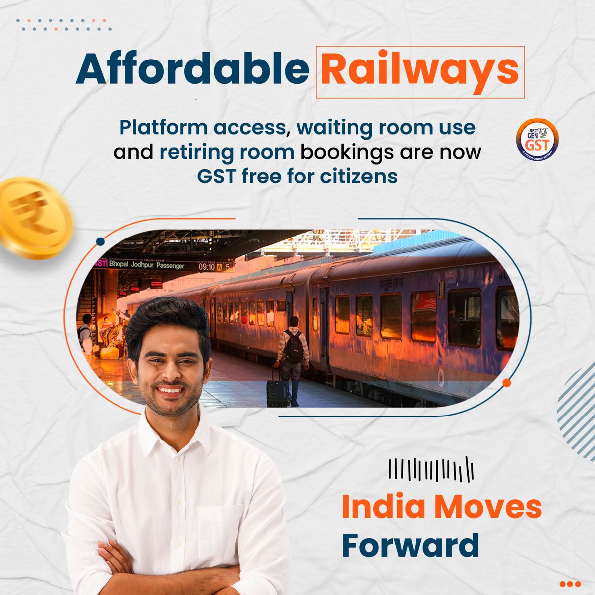 Railways have become more affordable now

After #NextGenGST platform access, waiting room use and retiring room bookings are now GST free for citizens...

#GSTBachatUtsav