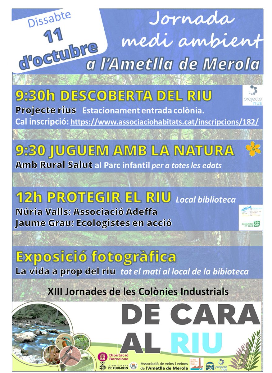 assvelam's tweet image. 11 D&apos;OCTUBRE Jornada de medi ambient a l&apos;Ametlla de Merola. S&apos;iniciarà a les 9:30 h del matí amb dues accions simultànies:
* Projecte Rius Acció formativa organitzada per l&apos;Associació Hàbitats (cal inscripció prèvia)
* Juguem amb la natura a càrrec e Rural Salut