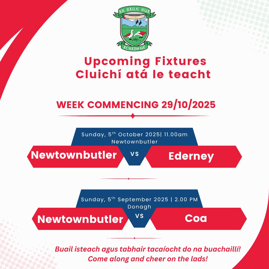 FirstFermanaghs's tweet image. Important Update: Change to This Weekend’s Games
Get all the latest news on the Newtownbutler First Fermanagh's GAA app member.clubspot.app/club/newtownbu…