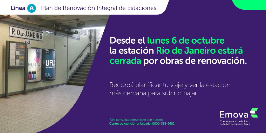 Emova_arg's tweet image. 🚨 ¡Atención usuarios!

📅 Desde el lunes 6 de octubre la estación Río de Janeiro de la #LíneaA estará cerrada por obras de renovación.