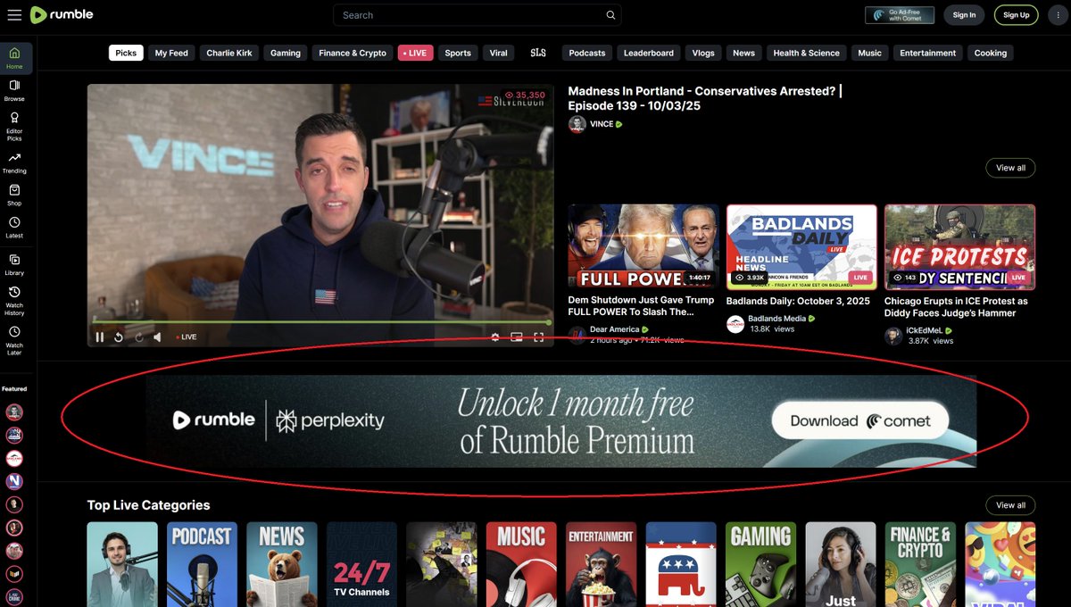 Time to drop Google Chrome. Go to Rumble, download the Comet browser from  the banner on the homepage and get 1 month free of Rumble Premium.  Additionally, Perplexity Pro AI will be