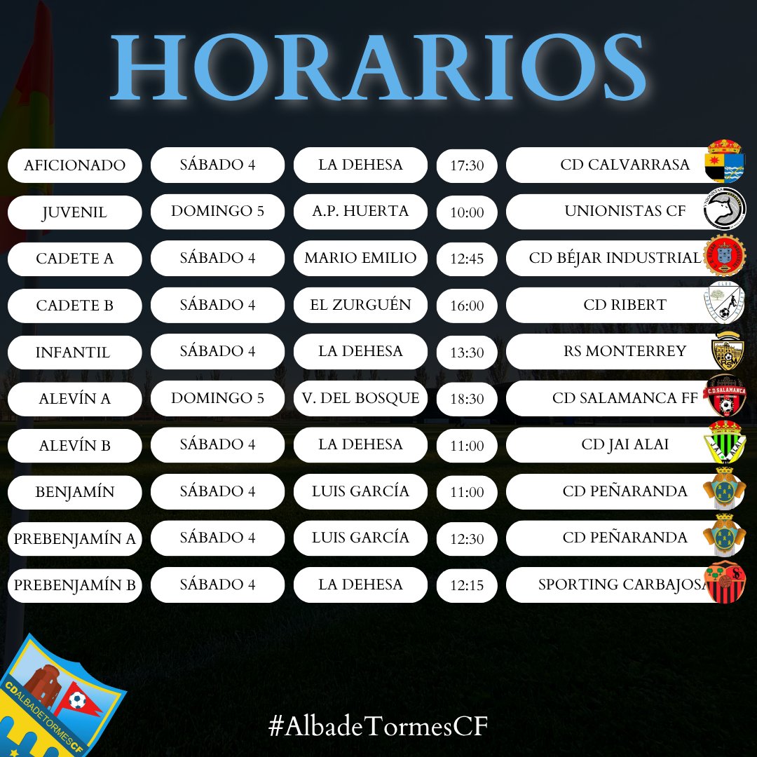⏰ HORARIOS | Estos son los horarios de los partidos que disputaremos este segundo fin de semana de competición para nuestro fútbol base.

¡Vamos Blancos! 🤍

#albadetormescf