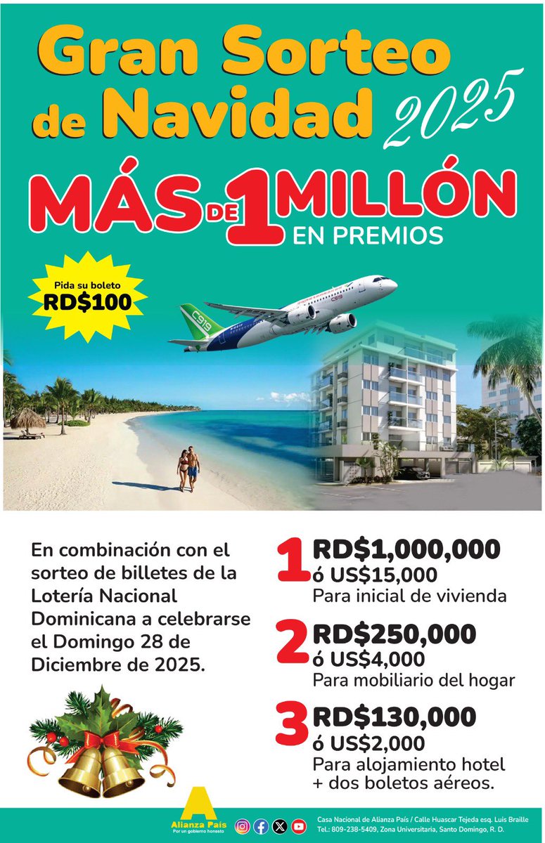 💚💛 ¡Tu boleto puede cambiarlo todo! 🎟️✨

Participa en nuestra Gran Rifa apoyando la política honesta, de cerca a la gente… donde ¡puedes ganar!

📅 Lotería Nacional 28122025
🎟️ Compra tu boleto y comparte.
¡Juntos hacemos la diferencia! 💪🌱

#AlianzaPaísRD #HazLaDiferencia