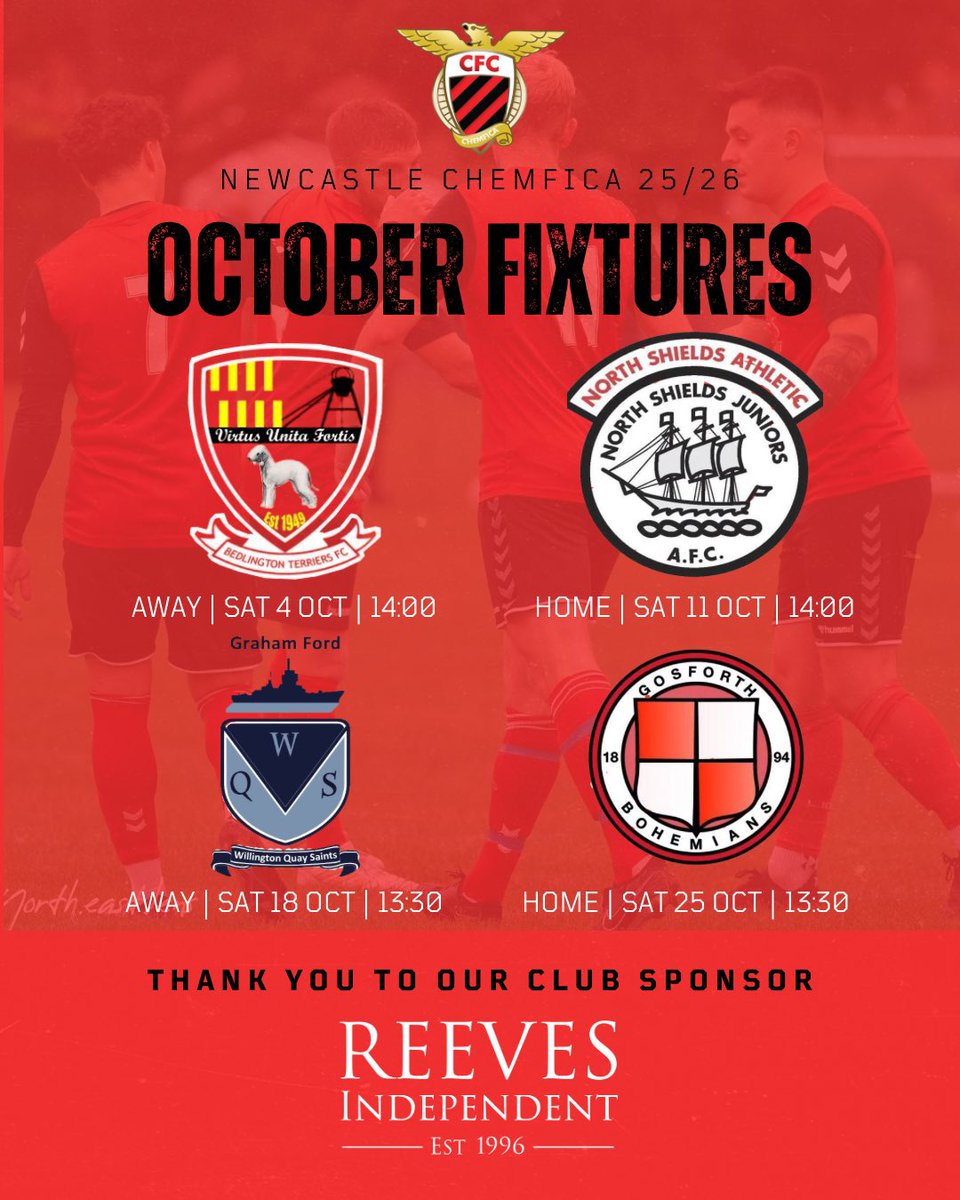Newcastle Chemfica FC (@nwclchemfica) on Twitter photo October Fixtures!
We start the month with two league games against <a href="/BTFCOfficial/">Bedlington Terriers FC</a> & <a href="/NorthShieldsAth/">North Shields Athletic</a>.
We finish the month in cup action against <a href="/wqsaints/">WillingtonQuaySaints</a> & <a href="/Bohs1894/">Gosforth Bohemians FC</a>.
UTF π΄β«οΈ October Fixtures!
We start the month with two league games against <a href="/BTFCOfficial/">Bedlington Terriers FC</a> & <a href="/NorthShieldsAth/">North Shields Athletic</a>.
We finish the month in cup action against <a href="/wqsaints/">WillingtonQuaySaints</a> & <a href="/Bohs1894/">Gosforth Bohemians FC</a>.
UTF π΄β«οΈ