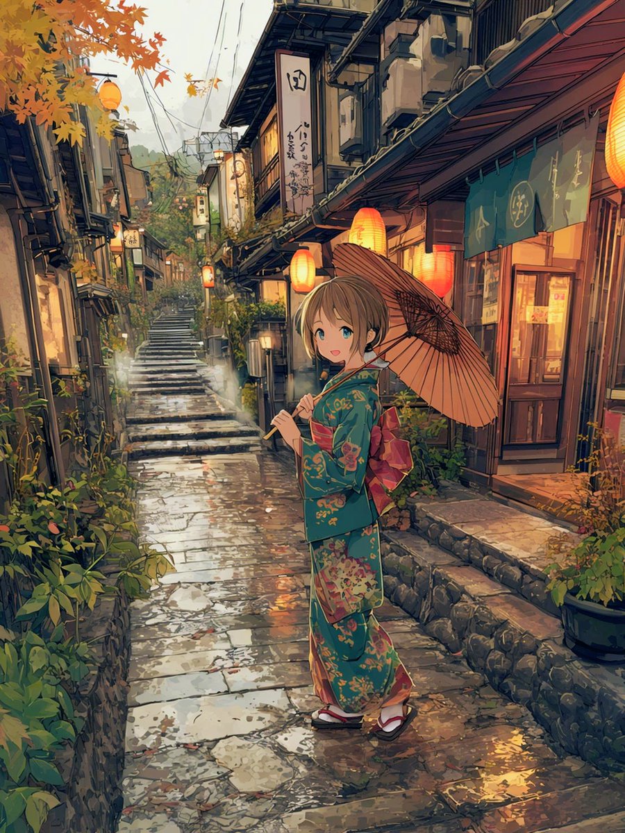 雨の温泉街
