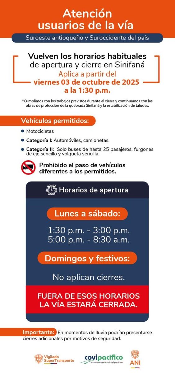 Información importante para los usuarios de las vías del sureste antioqueño. 

A partir de hoy a la 1: 30pm se da apertura del repecho de la sinifana.