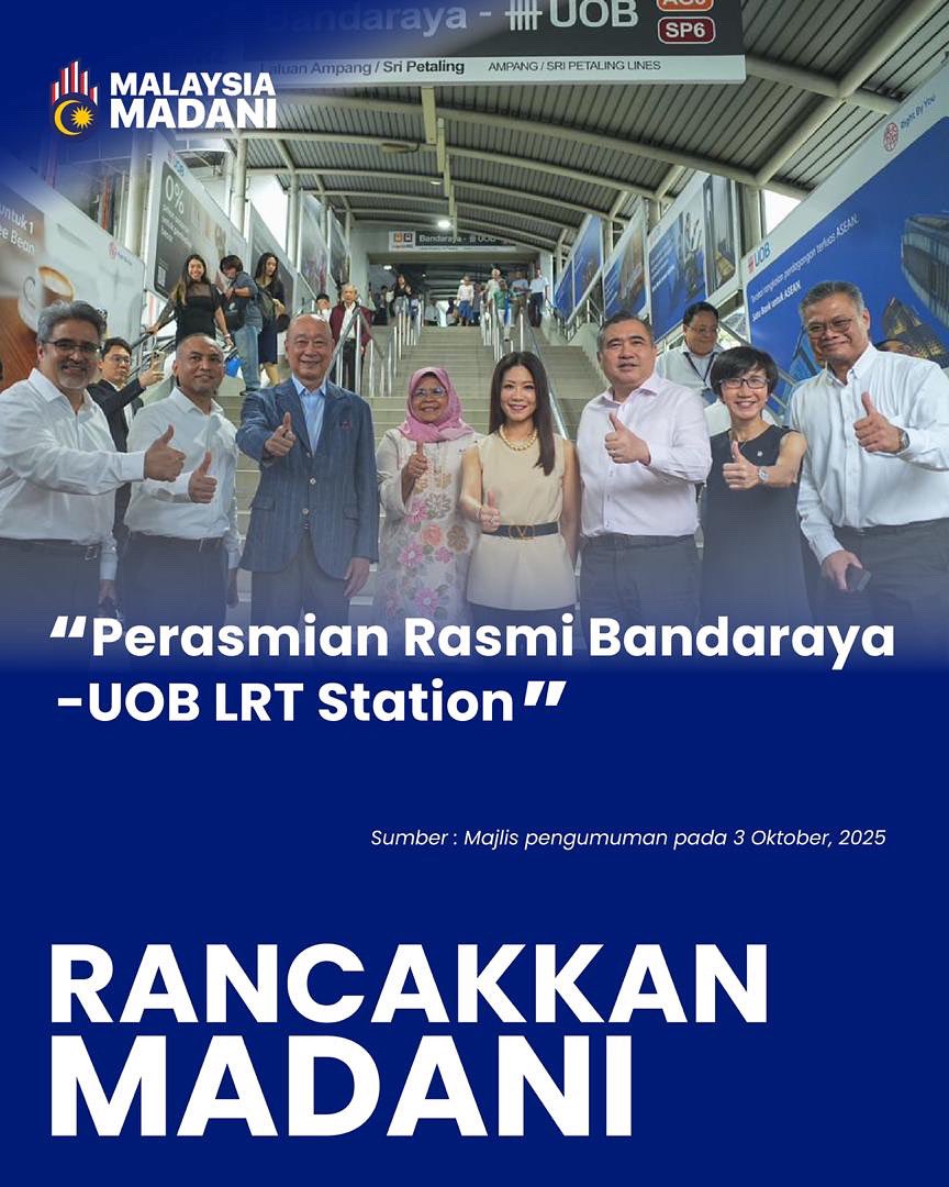 Rasmi! Bandaraya–UOB LRT Station dilancarkan hari ini.
Kerjasama strategik awam-swasta ini melangkah lebih jauh dari sekadar nama — ia menyokong mobiliti bandar, pembangunan lestari &amp; kualiti hidup rakyat.

Menuju kota hijau, pintar &amp; mampan.