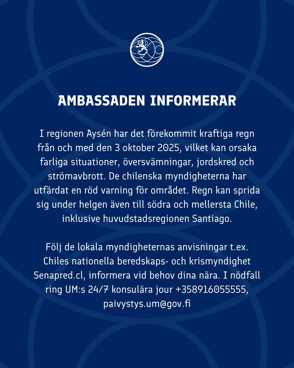 Rankkasateita Aysénin alueella, hätätapauksissa UM 24/7 päivystys +358916055555, paivystys.um@gov.fi

Kraftiga regn i regionen Aysén, i nödfall ring UM:s 24/7 konsulära jour +358916055555, paivystys.um@gov.fi