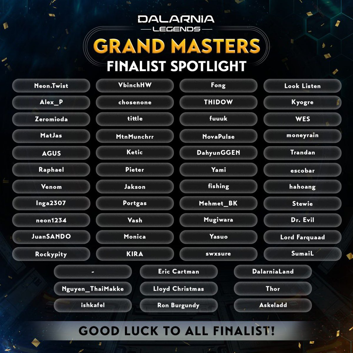 dalarnialegends's tweet image. Huge shoutout to the first 53 qualifier winners who’ve secured their ticket to #DalarniaLegends Grand Masters Final 🎉

Only 3 seats left before the roster is complete. We’ll announce how those final spots will be awarded in the coming days. Stay tuned!