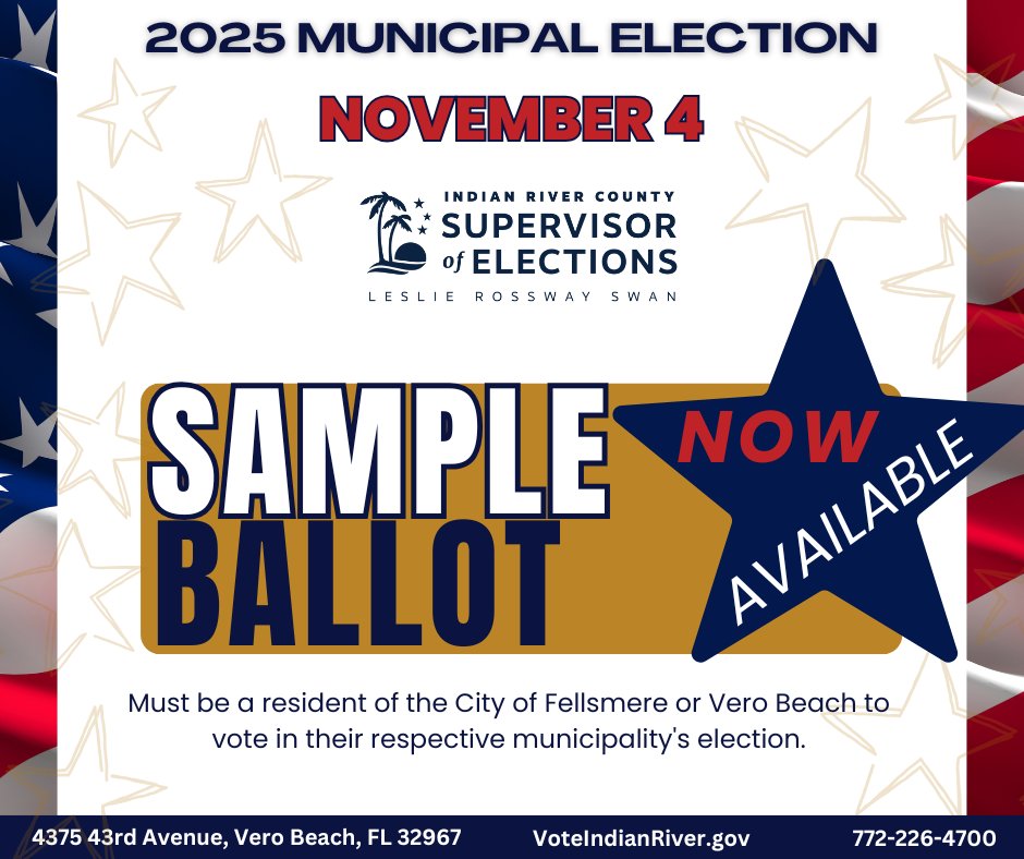 Sample Ballots are here! City residents of Fellsmere and Vero Beach may view their respective city’s sample ballots by clicking the link ➡️ ow.ly/XXNN50WGK6Q