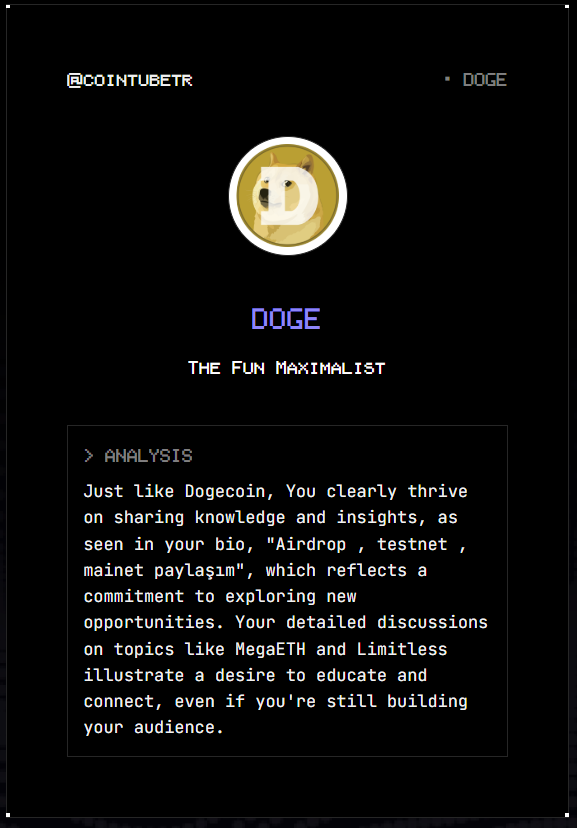 cointubetr's tweet photo. According to my twitter data, I give $DOGE vibes.
Bullish? @vana 
Try Coinology on https://t.co/B1iSs8cNoH. #datarevolution https://t.co/Z41Z7POqza