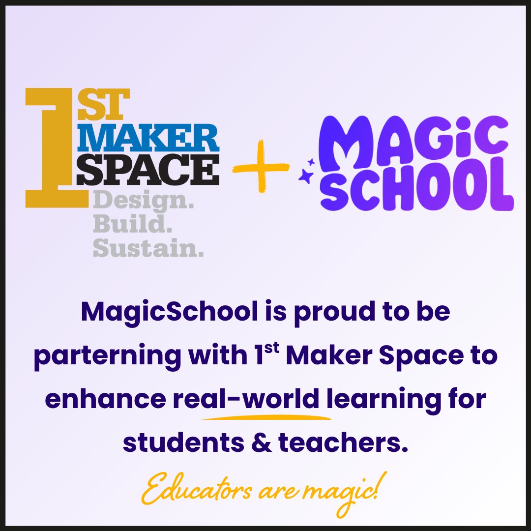 Big news!  1st Maker Space is teaming up with MagicSchool AI to bring the best of AI + hands-on learning to classrooms. Together, we’re helping teachers save time &amp; students spark creativity. 

#STEM #EdTech #HandsOnLearning #MagicSchool