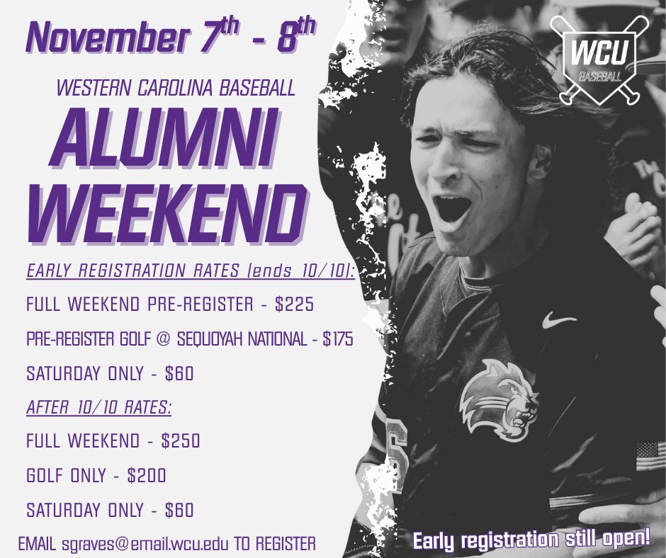 UPDATE- we have pushed our early registration date to next Friday, October 10th. We are looking forward to seeing everyone back in Cullowhee for our annual Alumni Weekend! Contact <a href="/SethGraves_7/">Seth Graves</a> for details.