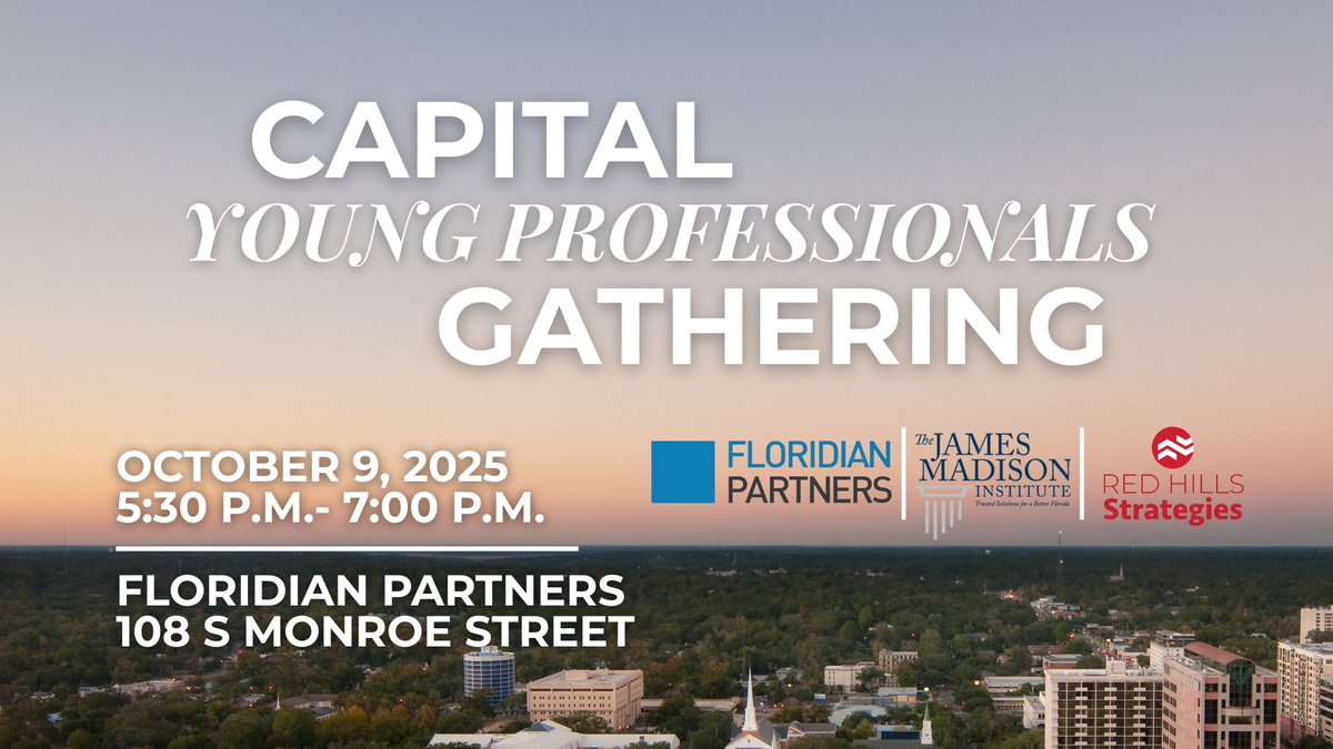 JMI, <a href="/Fla_Partners/">Floridian Partners</a>, and Red Hills Strategies are co-hosting a special edition of the Capital Young Professionals Gathering. You do not want to miss out on this free no-agenda networking event! 

Event Info:
October 9th, 5:30-7:00 p.m.
Floridian Partners (108 S Monroe Street)
RSVP