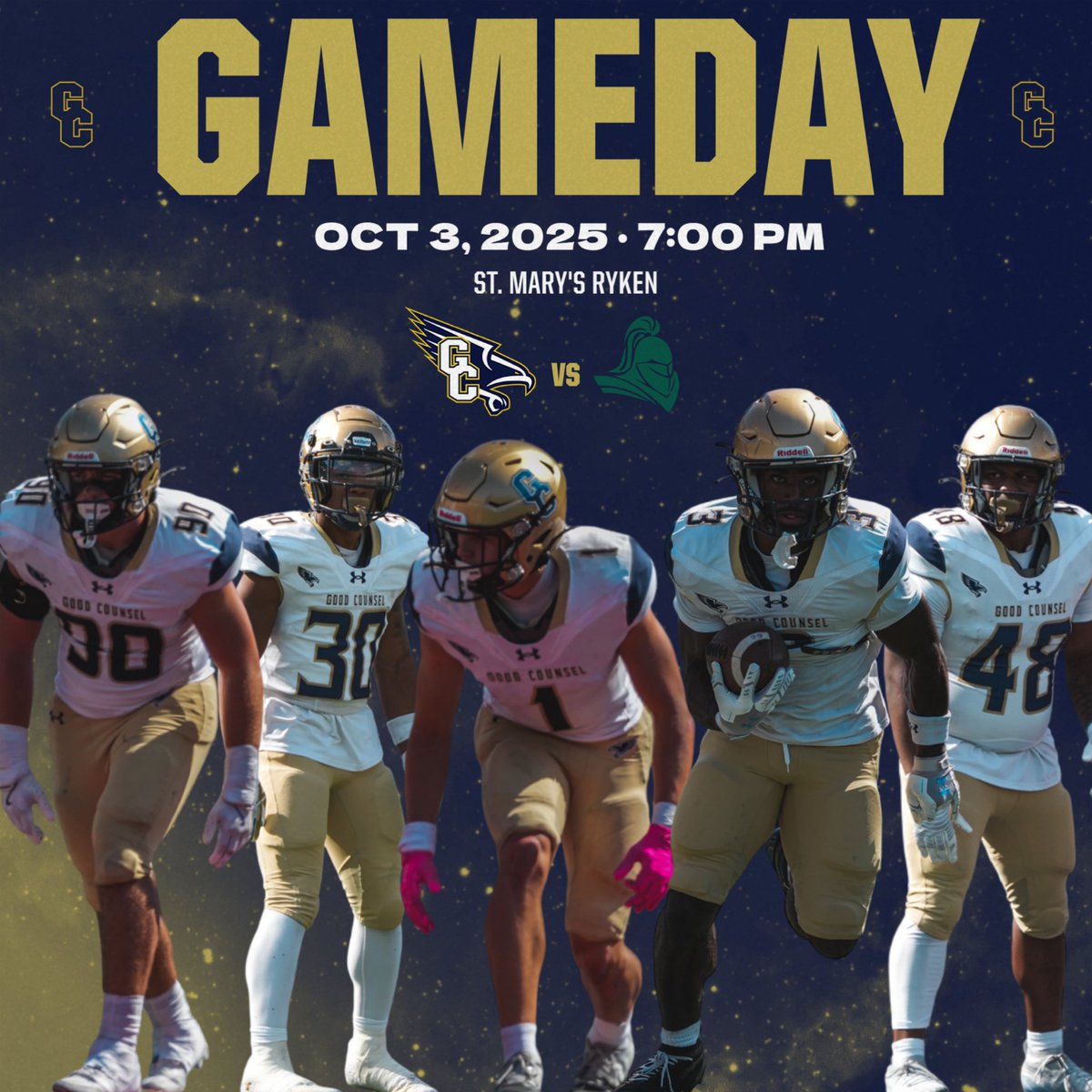 GAMEDAY.

🆚 St. Mary’s Ryken
📅 Friday, October 3, 2025
⏰ 7:00pm
🏟 MIL Field 
📍Leonardtown, MD

#WeAreGC 
#DontLookBack