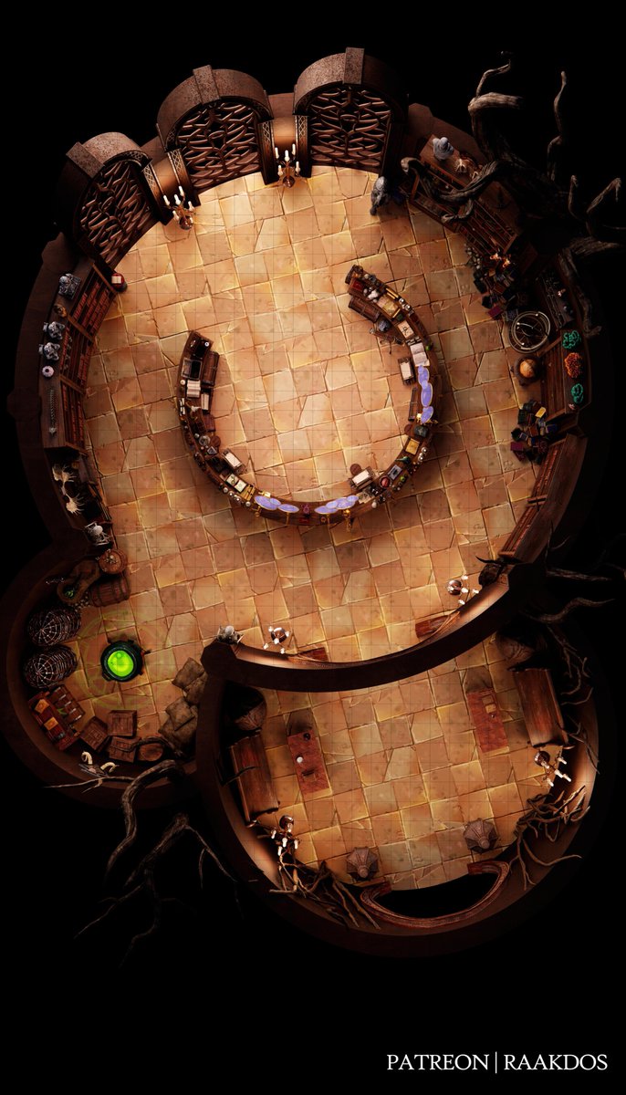 [Ravnica Battlemap]Torzil’s Curios 32x56 Torzil’s Curios, a cramped magic shop tucked along the bustling Tin Street in the Tenth District, is run by Torzil, a meticulous Vedalken with a shady Simic background. #Ravnica #Battlemap #dnd #mtg #ttrpg