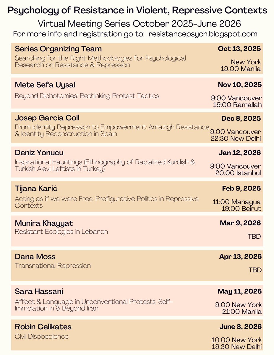 The 3rd year of the Psychology of Resistance (in violent, repressive contexts) Virtual Meeting Series is starting this month - here is the schedule for the academic year 2025/26. More information, recordings, and sign up to receive registration links here: resistancepsych.blogspot.com