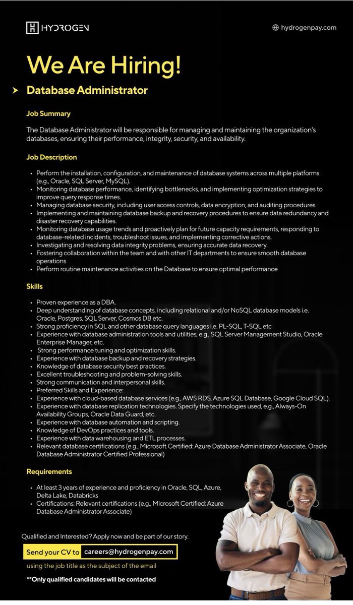 JoblinkNet's tweet image. We’re Hiring!!
Role: Database Administrator
Location: Lagos | Hybrid
#DatabaseAdministrator #hybrid
Kindly follow @JoblinkNet for more jobs