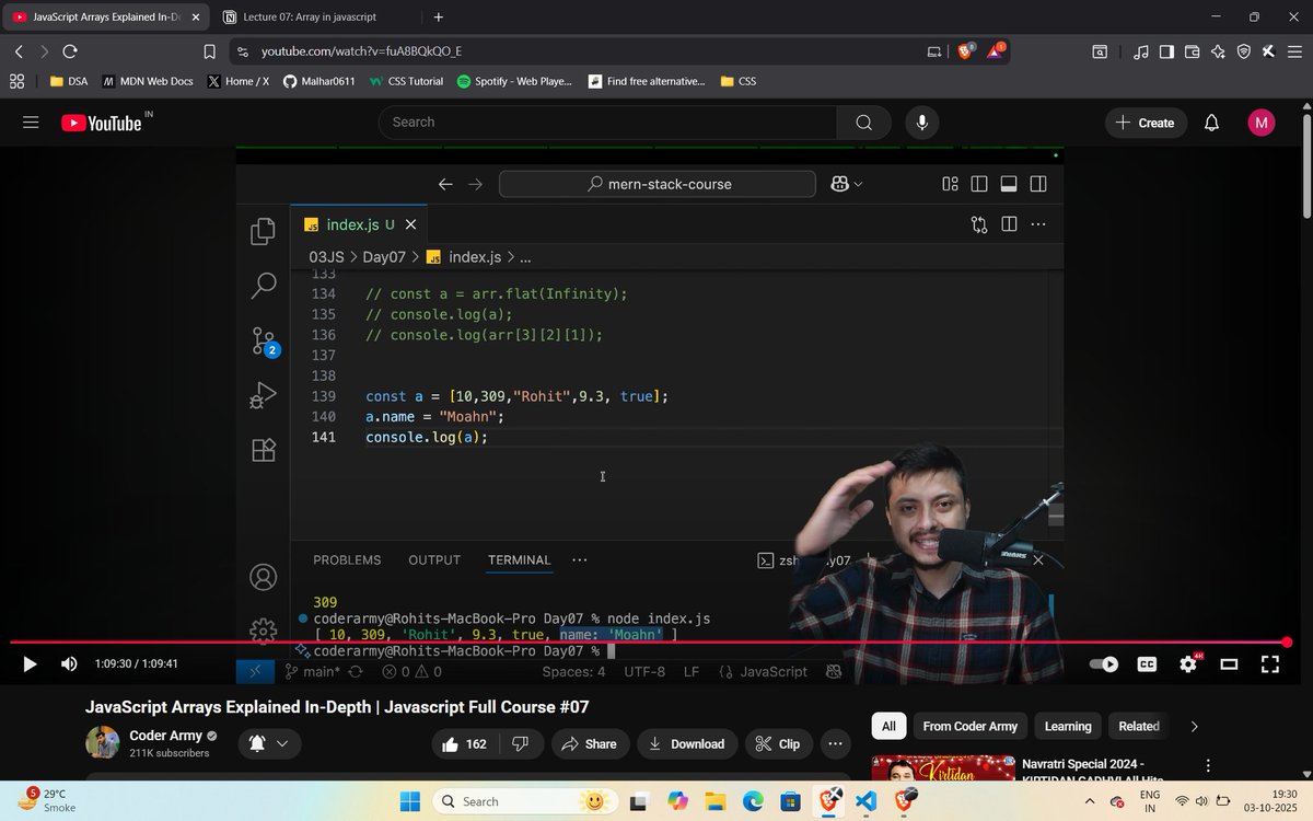 codewithmalhar's tweet image. Day 22 Completed of Web Development Journey.
Today I learned about Arrays and it can contain heterogeneous data, basic array methods, and why array is stored as object in Javascript.
Thank you @rohit_negi9 and @adityatandon02 for providing this course.
#LearnInPublic #coderarmy