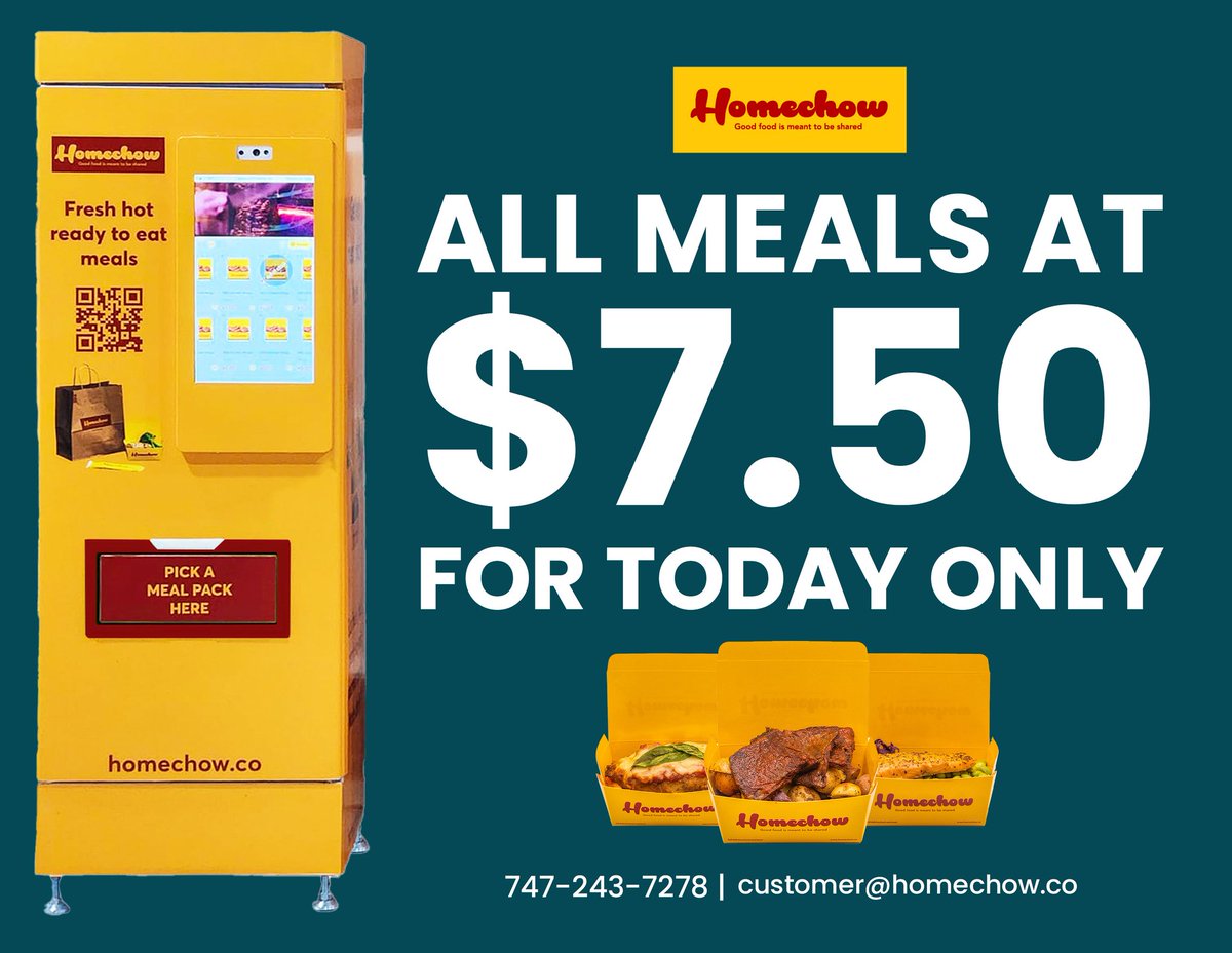 HomechowCo's tweet image. ALL meals. $7.50. Today only.
Fresh, hot, chef-made flavor + convenience in one bright yellow box.
Once today’s gone, so is the deal.
Head to a Homechow kiosk now.
#Homechow #GetHomechowNow #RochesterEats