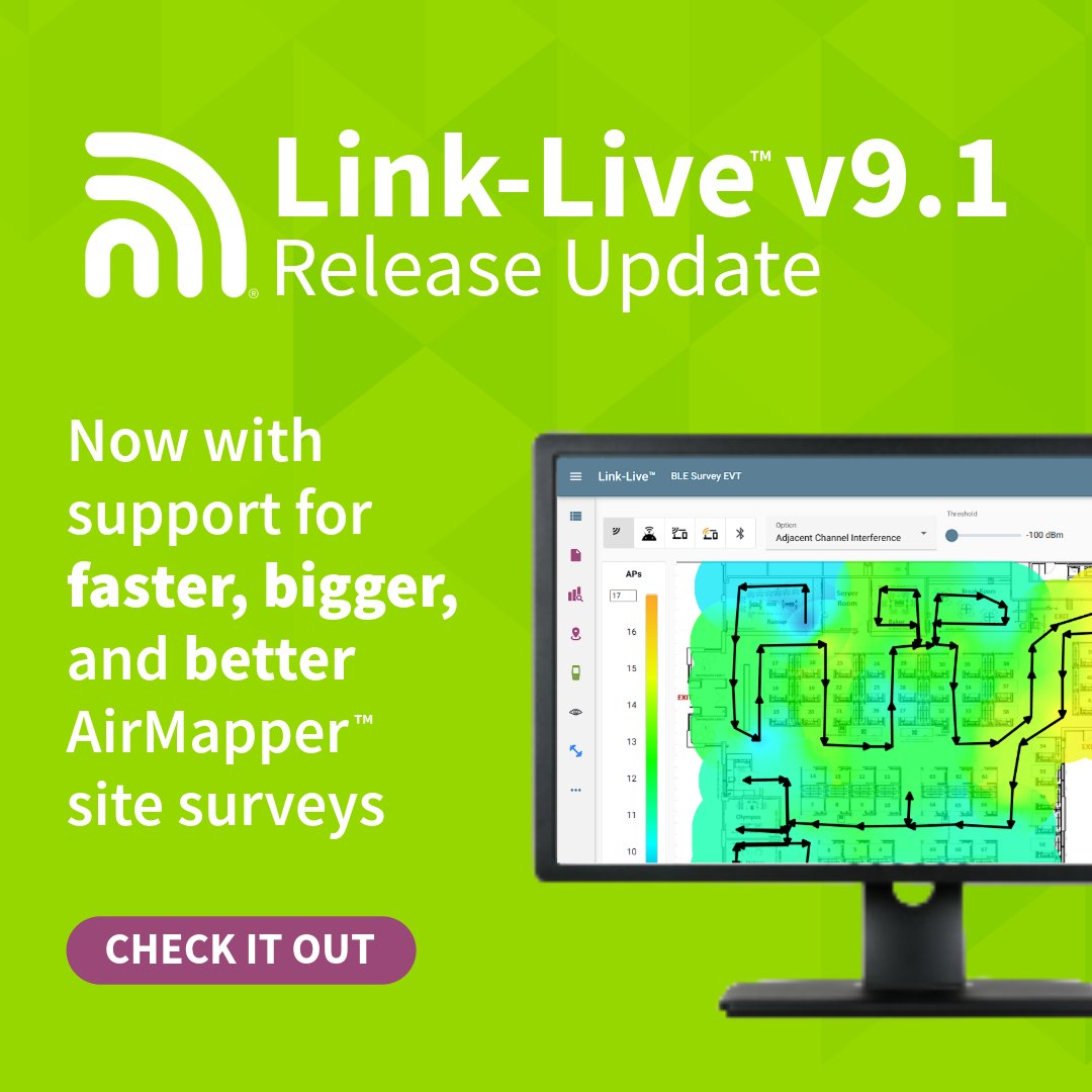 NetAlly's tweet photo. Link-Live v9.1 is out!
Now with faster load times, unlimited survey size, and a smarter UI for AirMapperโข.
Analyze active, passive, client & BLE data - all in one place.
Bigger. Faster. Better. ๐ https://t.co/Oc6N9e3k7n
#LinkLive #AirMapper #WiFiSurvey #NetTools https://t.co/HopxXZsfLr