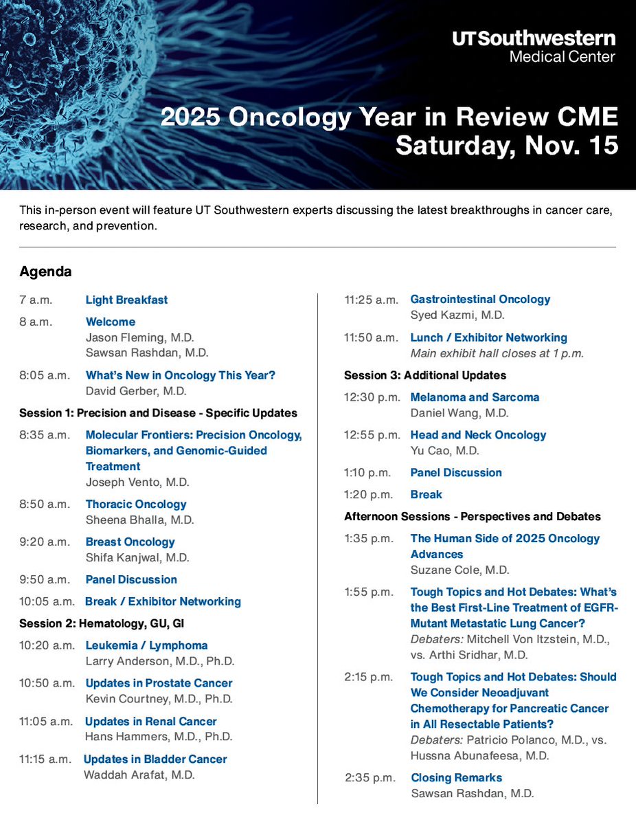 utswcancer's tweet image. You won’t want to miss this! Register today: bit.ly/4mZymS2
David Gerber, M.D., lung cancer medical oncologist and Co-Director of Education and Training, will be presenting at our Oncology Year in Review CME on Nov. 15: “Big Picture: What’s New in Oncology This Year.”