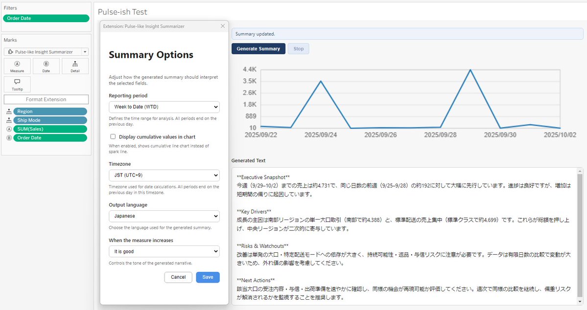yoshi_datavizjp's tweet image. github.com/YoshitakaAraka…
・グラフを追加しました。
・期間指定をPulseに寄せました。
・ビューの日付フィルターも連動して変化します。
・サマリーPromptも変わります。
将来の改修
・サマリーをコピー可能に
・期間メニュー、フィルターメニュー、要因棒グラフ追加
・グラフをリッチにしたい