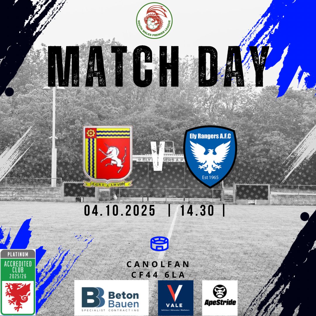 ElyRangersFC's tweet photo. 📅 Next Up | Back to league Action after a week for the lads 

🏆 South Wales Premier League
🆚 Fc Cwmaman
🏟️ Canolfan
📍 CF44 6LA
📅 Saturday 4th October 2025
⏰ Kick Off 14:30pm
🎟️ £3 Adults (Under 16’s Free)

#southwalespremier #elyrangers #football https://t.co/oCoYH4DO6q