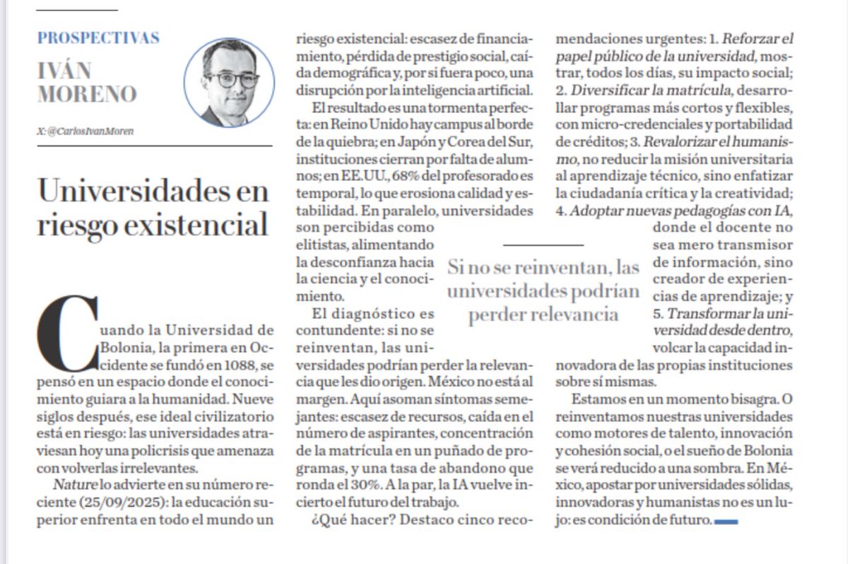 🌐📚 Universidades en riesgo existencial

Hace casi mil años, Bolonia marcó el inicio de un ideal: universidades como faros del conocimiento y la humanidad. 

Hoy, ese proyecto civilizatorio enfrenta una policrisis: escasez de recursos, pérdida de prestigio social, crisis