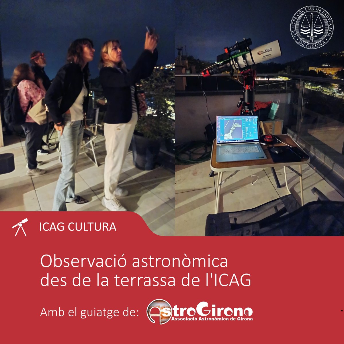 🌖 Ahir a la nit vam dur a terme l'activitat d'observació astronòmica a la terrassa del Col·legi. 
🔭 Els participants van aprendre com funciona un telescopi. Vam comptar amb el guiatge de l’Associació Astronòmica de Girona – <a href="/astro_girona/">AstroGirona</a>.
#ICAGcultura #advocaciagirona #ICAG