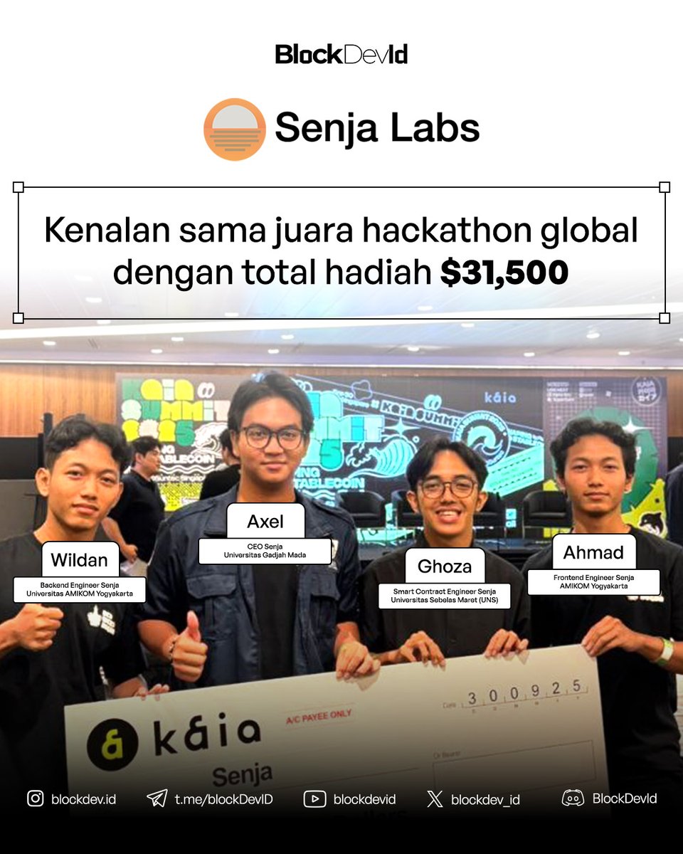blockdev_id's tweet photo. Hadiah hackathon itu penting, tapi pengalaman &amp; prosesnya lebih berharga.

Di situ dev Indonesia belajar tumbuh, dapet exposure, &amp; siap bersaing global.

Kenalan sama para tim pemenang hackathon👇
1/2 @SenjaLabs timnya ada @lexirieru @gosphere_ @staifenamd dan @danuste10 https://t.co/BTjqgBEoBm