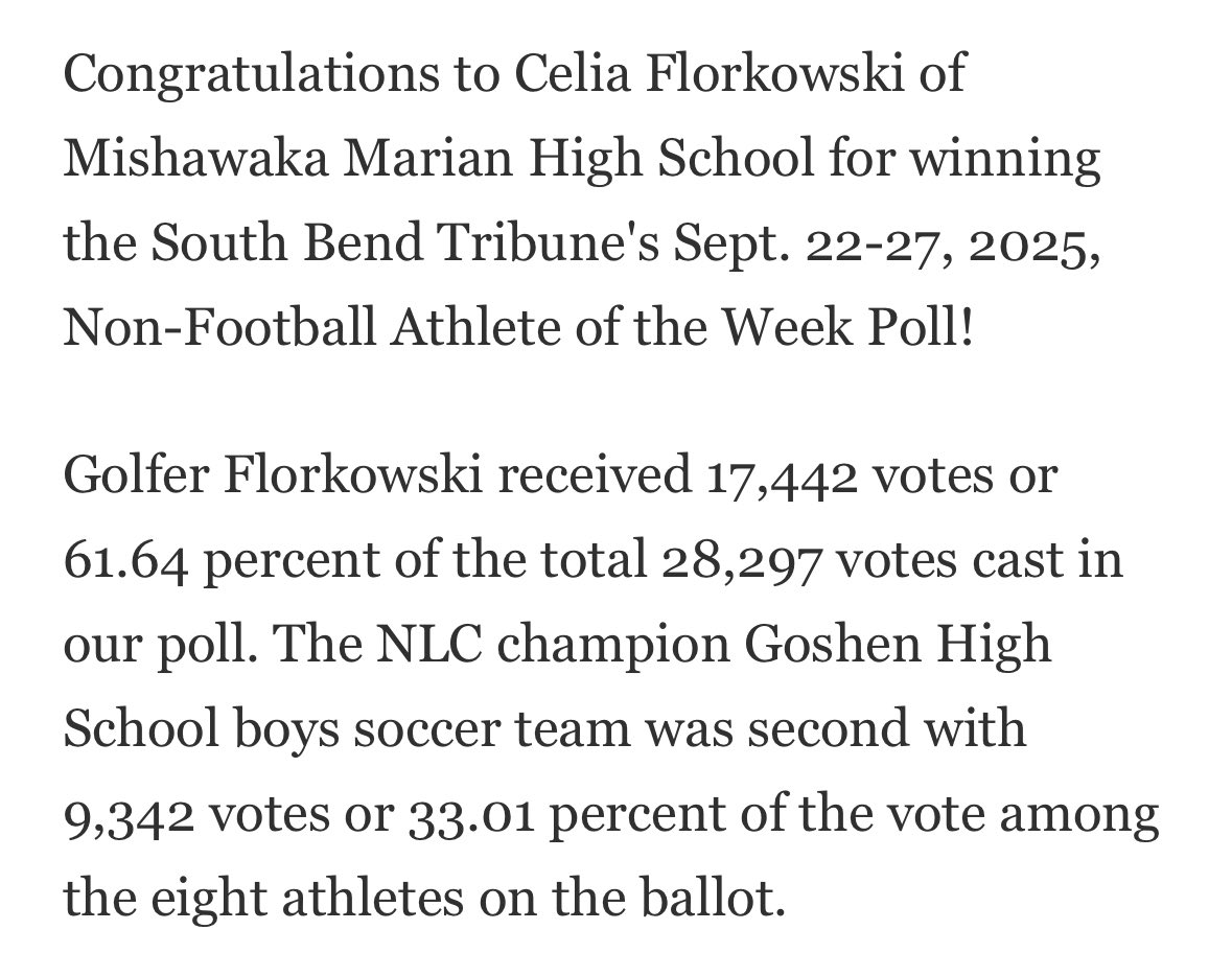 Congratulations to Elijah Young of South Bend Washington and Celia Florkowski of Mishawaka Marian for winning the South Bend Tribune Week 6 Football Player of the Week Poll and the Sept. 22-27 Non-Football Athlete of the Week Poll, respectively!