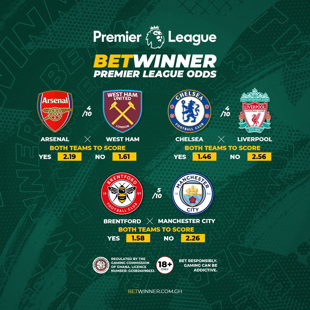 #PremierLeague odds this weekend 

Games that promise goals. 

Bet Yes or No on Both Teams To Score at #betwinnerghana 

Be a WINNER with BetWinner
