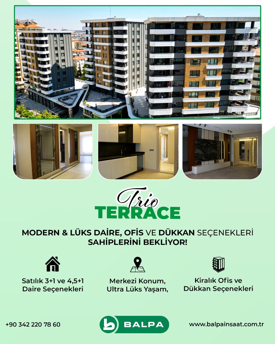 Gaziantep’in en elit semtlerinden birinde yer alan Trio Terrace, modern ve ultra lüks 3+1 ile 4,5+1 konut seçenekleri sunarak hayalinizdeki yaşamı gerçeğe dönüştürüyor!